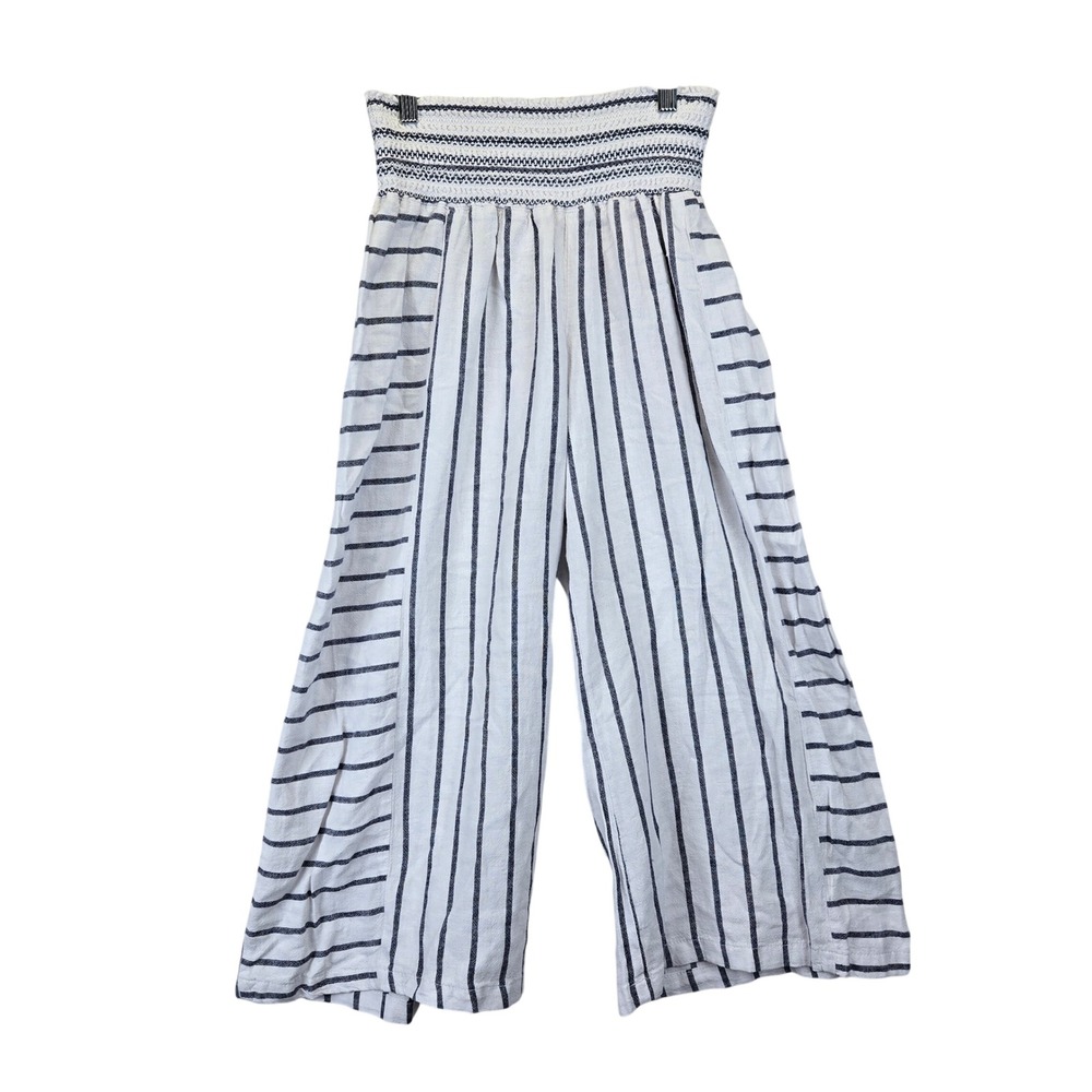 NWT Sincerely Jules Wide Leg Crop Linen Blend Pants White‎ Navy Stripe Medium